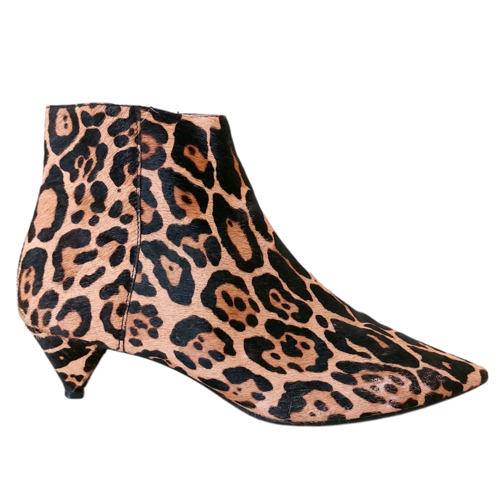 Calvin Klein Leopard Print Calf Hair Leather Ankle Boots Kitten Heel Booties 7.5
